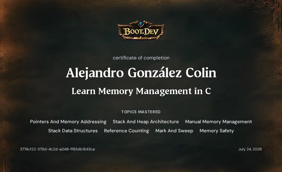 Alejandro González Colin's Boot.dev Learn Memory Management in C certificate
