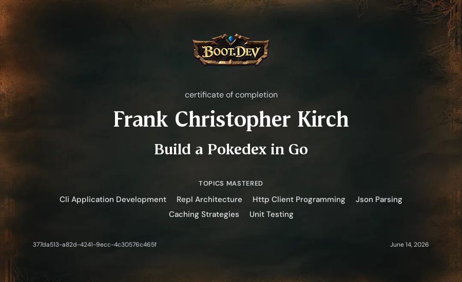 Frank's Boot.dev Build a Pokedex in Go certificate