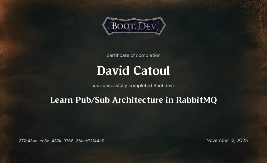 David Catoul's Boot.dev Learn Pub/Sub in RabbitMQ and Go certificate