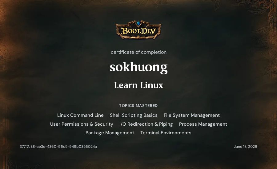 Sokhuong's Boot.dev Learn Linux certificate