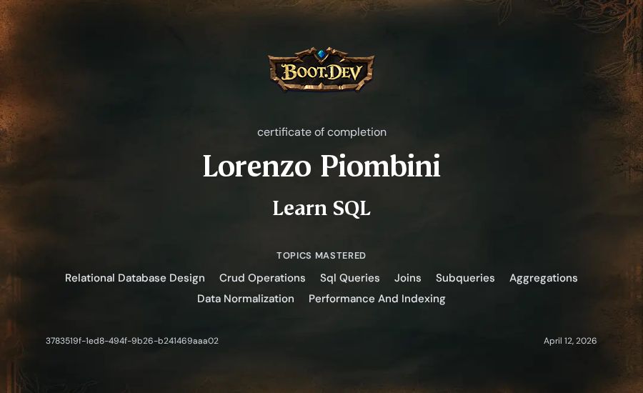 Lorenzo Piombini's Boot.dev Learn SQL certificate