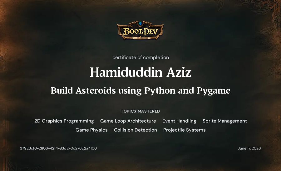 Hamiduddin Aziz's Boot.dev Build Asteroids using Python and Pygame certificate