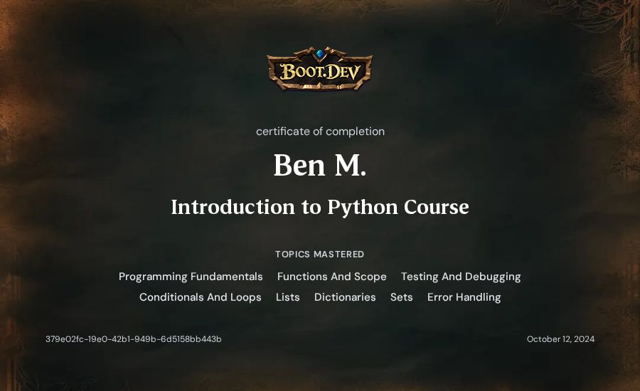 Ben M.'s Boot.dev Introduction to Python Course certificate