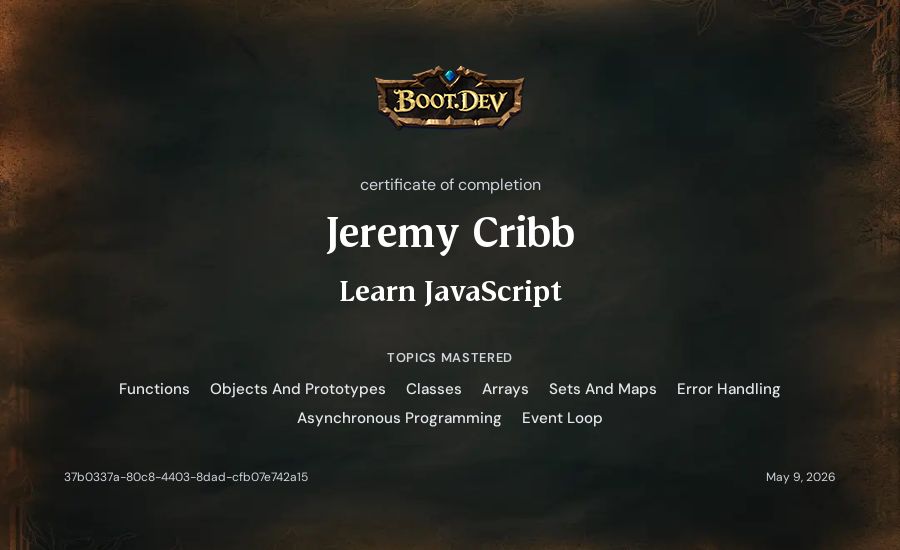 Jeremy Cribb's Boot.dev Learn JavaScript certificate