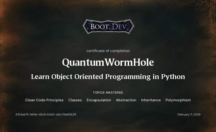 QuantumWormHole's Boot.dev Learn Object Oriented Programming in Python certificate