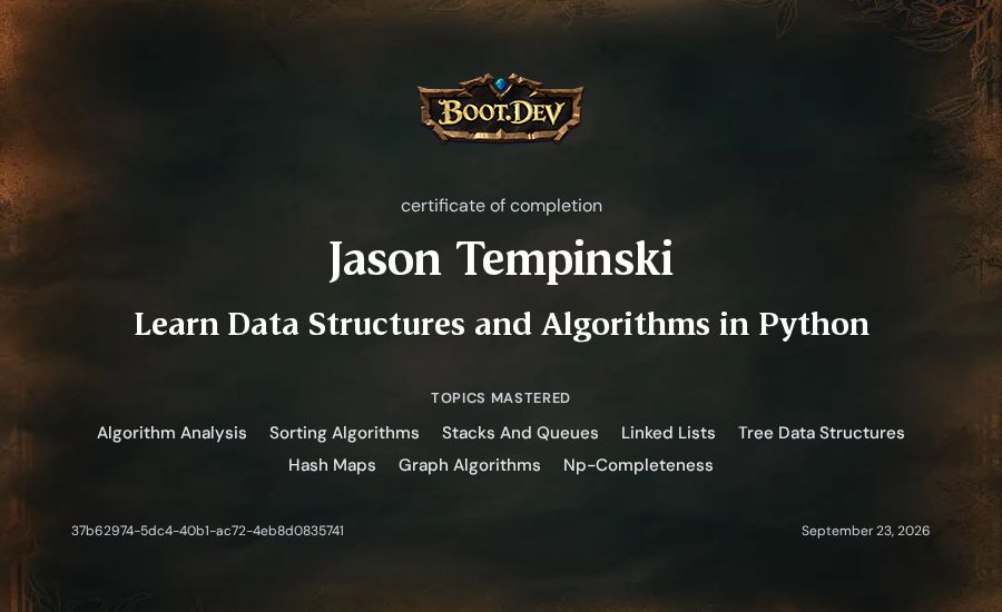 Jason Tempinski's Boot.dev Learn Data Structures and Algorithms in Python certificate