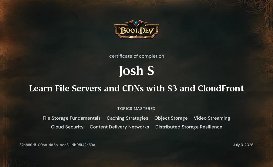 Josh S's Boot.dev Learn File Servers and CDNs with S3 and CloudFront certificate