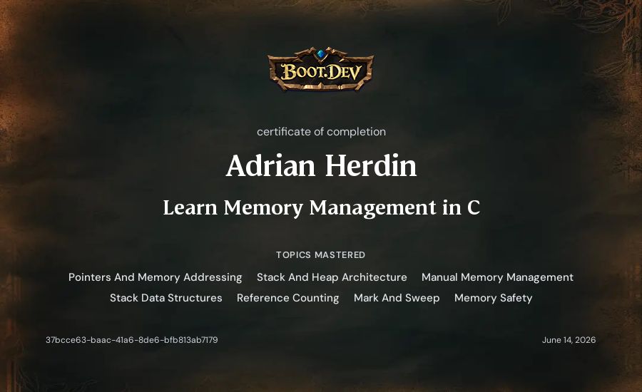 Adrian Herdin's Boot.dev Learn Memory Management in C certificate