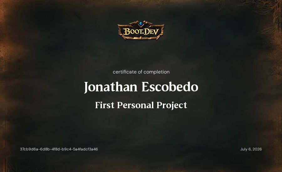 Jonathan Escobedo's Boot.dev First Personal Project certificate