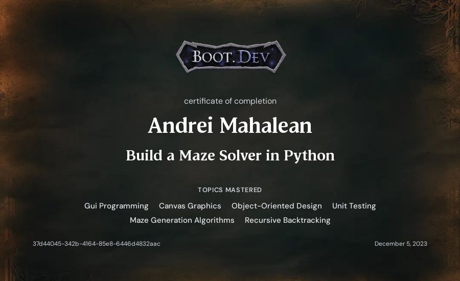 Andrei Mahalean's Boot.dev Build a Maze Solver in Python certificate