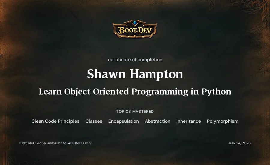 Shawn Hampton's Boot.dev Learn Object Oriented Programming in Python certificate