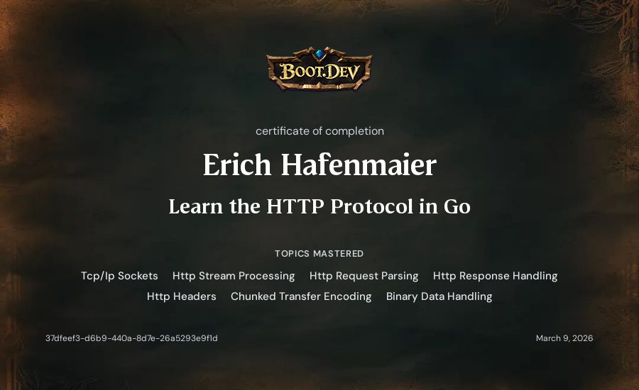 Erich Hafenmaier's Boot.dev Learn the HTTP Protocol in Go certificate