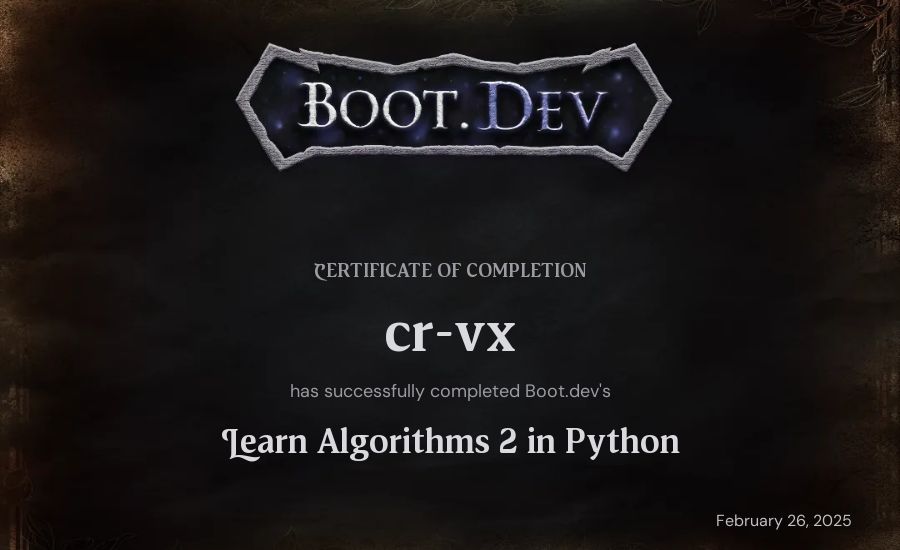 Antton's Boot.dev Learn Data Structures and Algorithms 2 in Python certificate