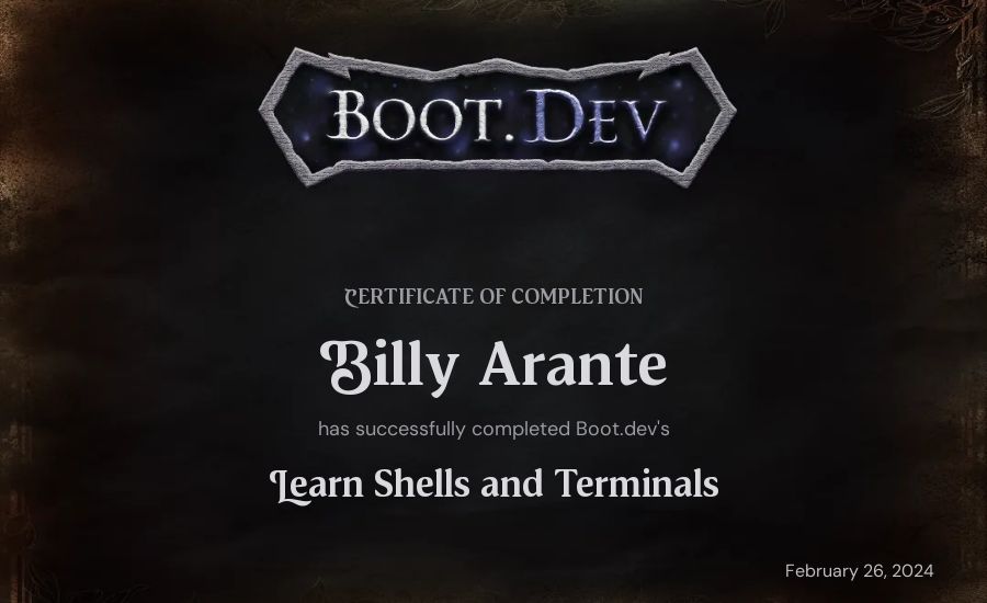Billy Arante's Boot.dev Learn Linux certificate