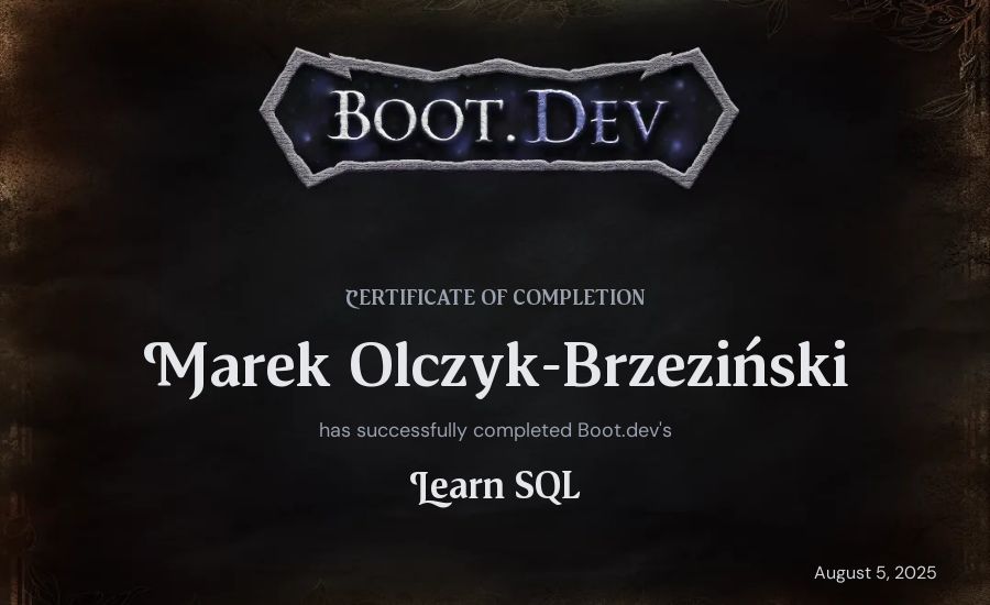 Marek Olczyk-Brzeziński's Boot.dev Learn SQL certificate