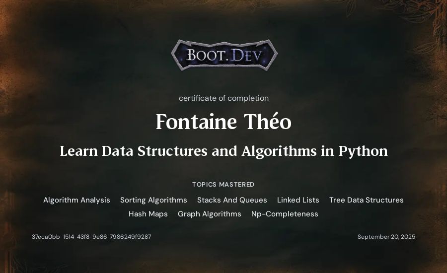 Fontaine Théo's Boot.dev Learn Data Structures and Algorithms in Python certificate