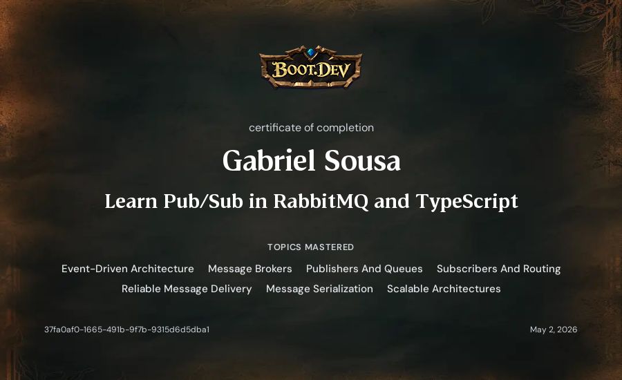 Gabriel Sousa's Boot.dev Learn Pub/Sub in RabbitMQ and TypeScript certificate