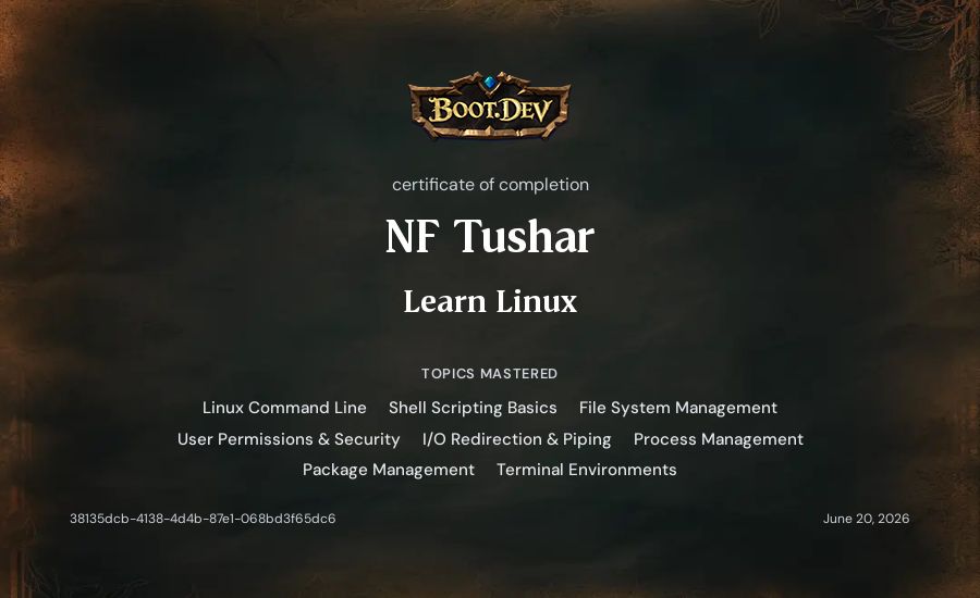 NF Tushar's Boot.dev Learn Linux certificate