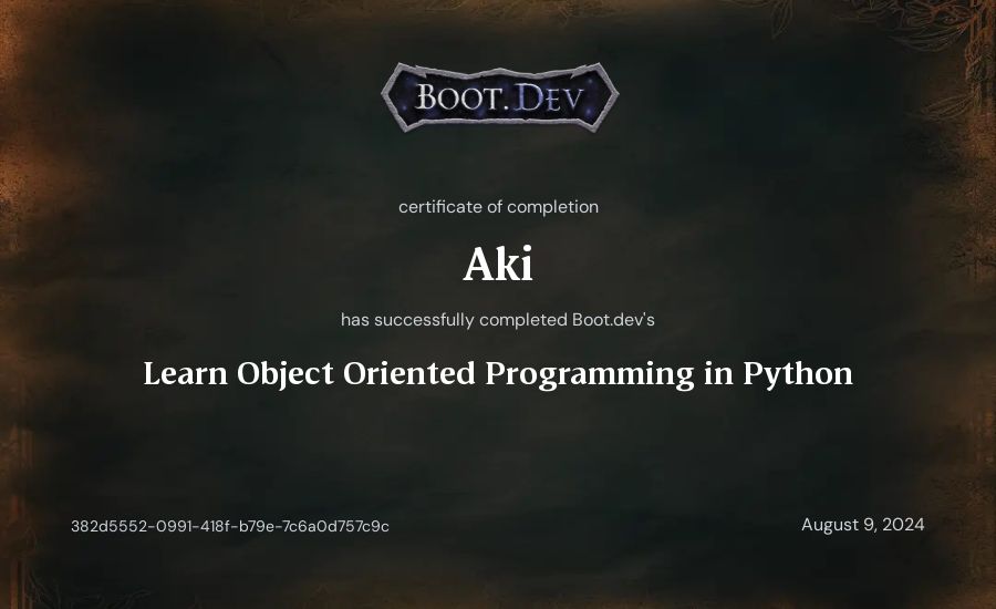 vgll's Boot.dev Learn Object Oriented Programming in Python certificate