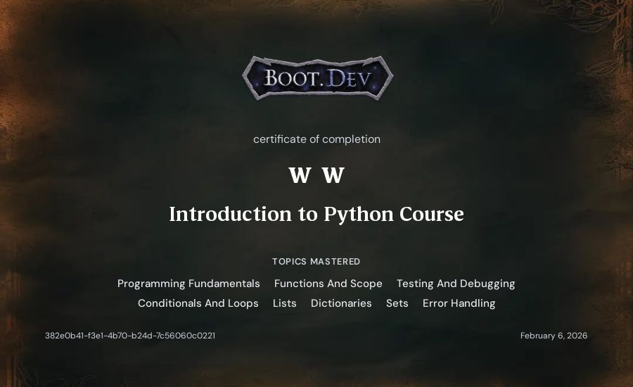chubby cheeks's Boot.dev Introduction to Python Course certificate