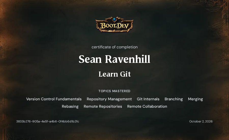 Sean Ravenhill's Boot.dev Learn Git certificate