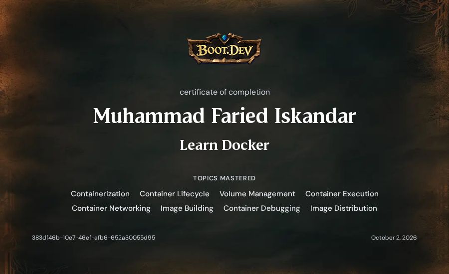 Muhammad Faried Iskandar's Boot.dev Learn Docker certificate