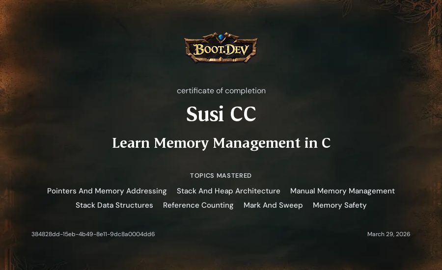 Susi CC's Boot.dev Learn Memory Management in C certificate