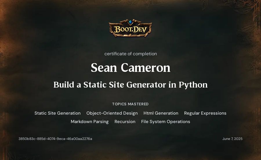 Sean Cameron's Boot.dev Build a Static Site Generator in Python certificate