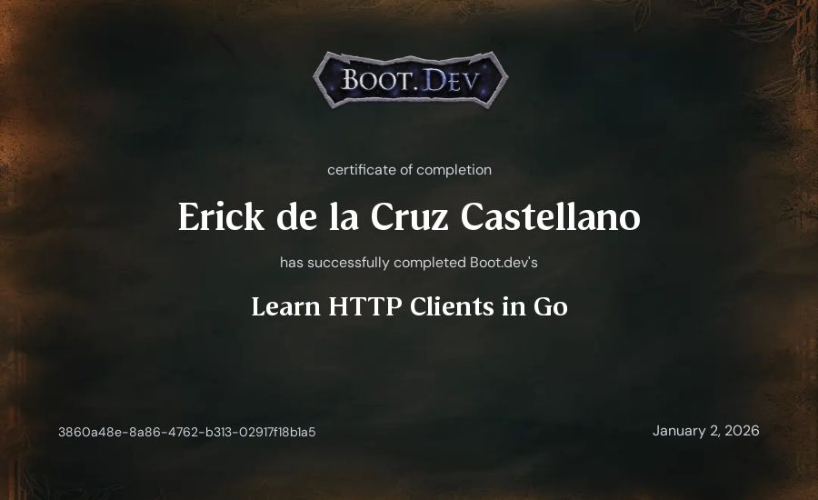 Erick de la Cruz Castellano's Boot.dev Learn HTTP Clients in Go certificate