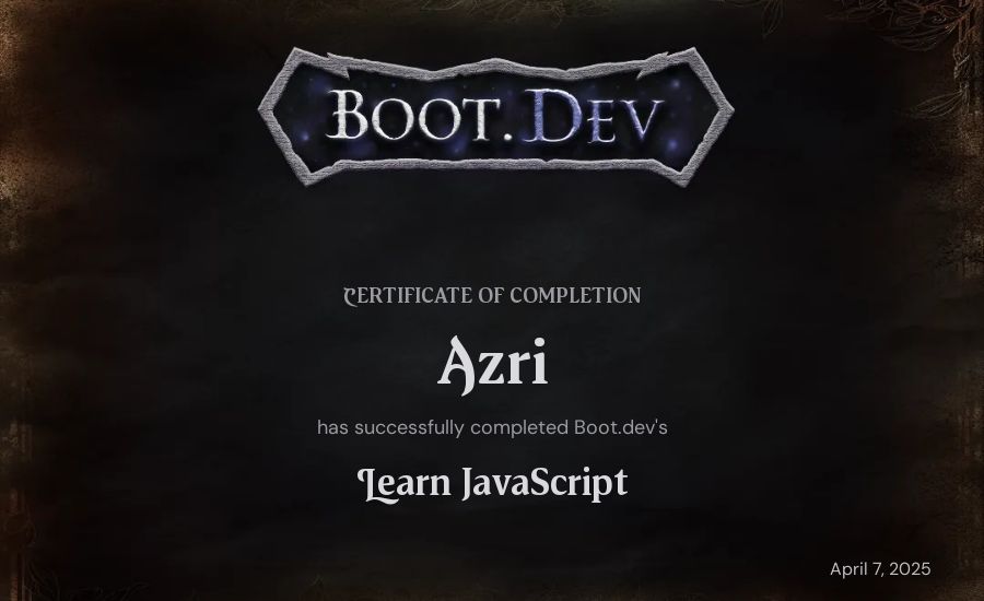 Azri's Boot.dev Learn JavaScript certificate