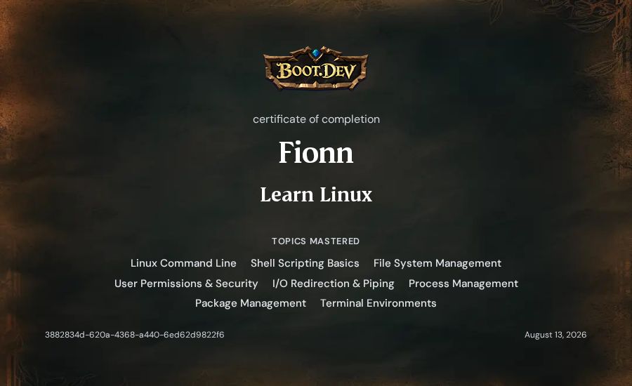 Fionn's Boot.dev Learn Linux certificate