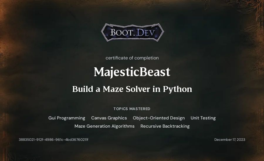 MajesticBeast's Boot.dev Build a Maze Solver in Python certificate