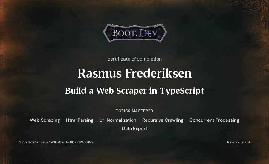 Rasmus Frederiksen's Boot.dev Build a Web Scraper in TypeScript certificate