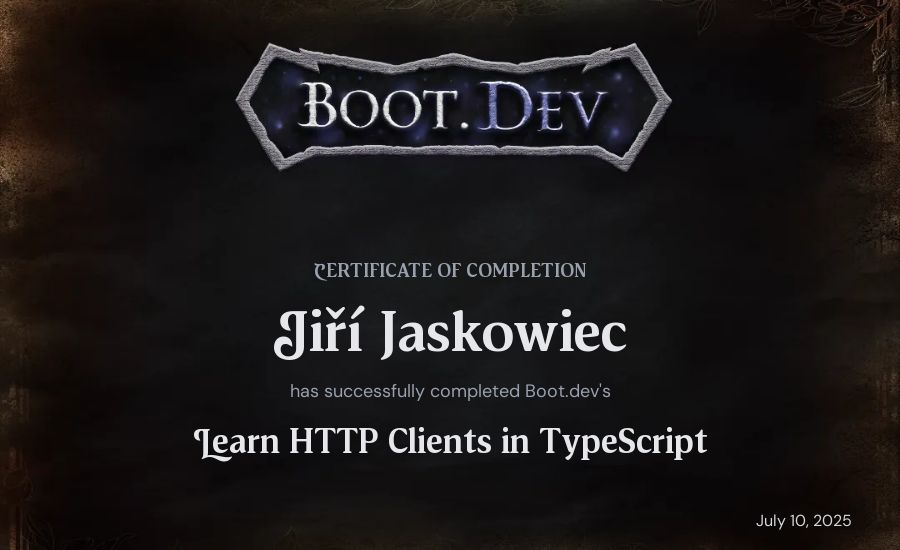 Jiří Jaskowiec's Boot.dev Learn HTTP Clients in TypeScript certificate