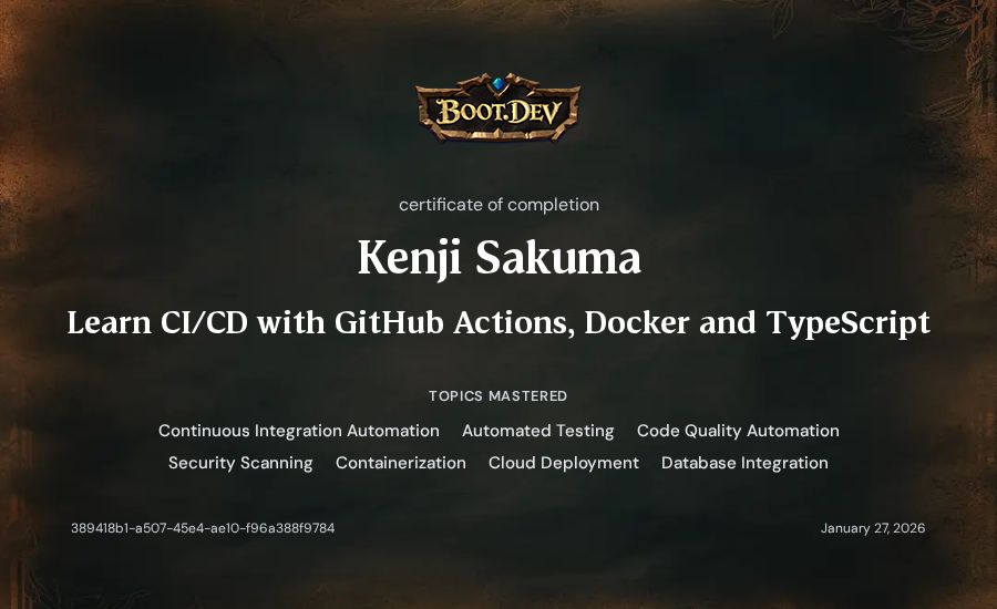 Kenji Sakuma's Boot.dev Learn CI/CD with GitHub Actions, Docker and TypeScript certificate