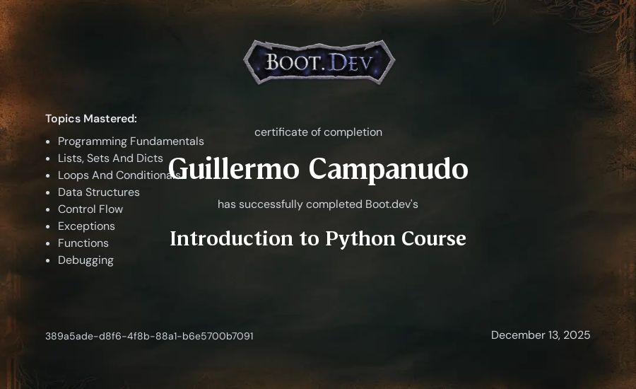 Guillermo Campanudo's Boot.dev Introduction to Python Course certificate