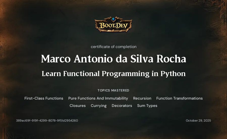 Marco Antonio da Silva Rocha's Boot.dev Learn Functional Programming in Python certificate