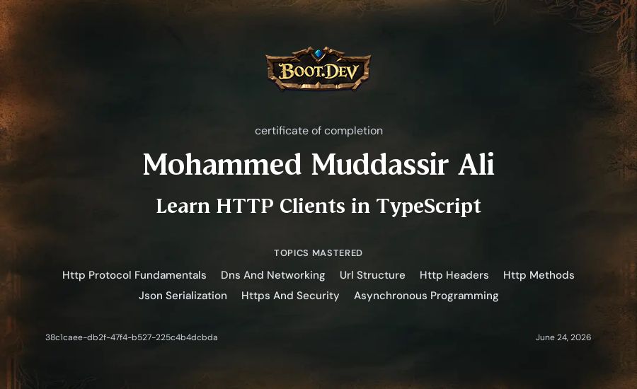 Mohammed Muddassir Ali's Boot.dev Learn HTTP Clients in TypeScript certificate