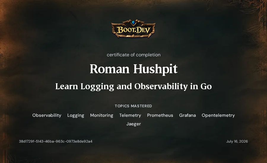 Roman Hushpit's Boot.dev Learn Logging and Observability in Go certificate