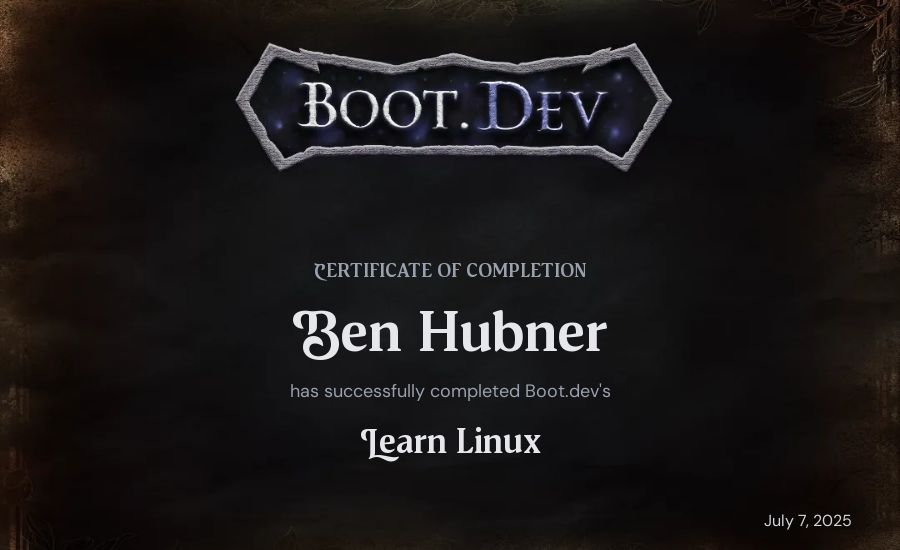 Ben Hubner's Boot.dev Learn Linux certificate