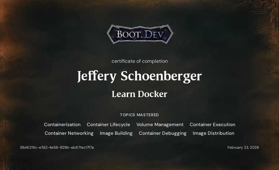 Jeff Schoenberger's Boot.dev Learn Docker certificate