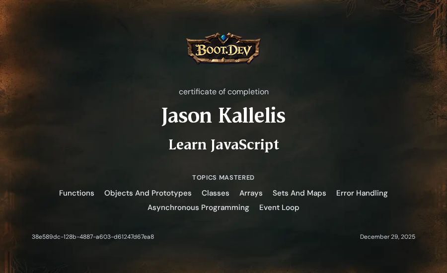 Jason Kallelis's Boot.dev Learn JavaScript certificate