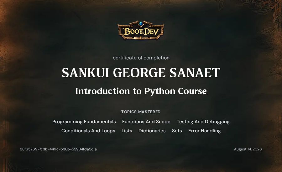 SANKUI GEORGE SANAET's Boot.dev Introduction to Python Course certificate