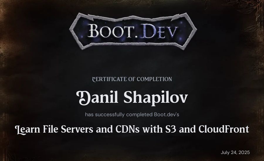 Danil Shapilov's Boot.dev Learn File Servers and CDNs with S3 and CloudFront certificate