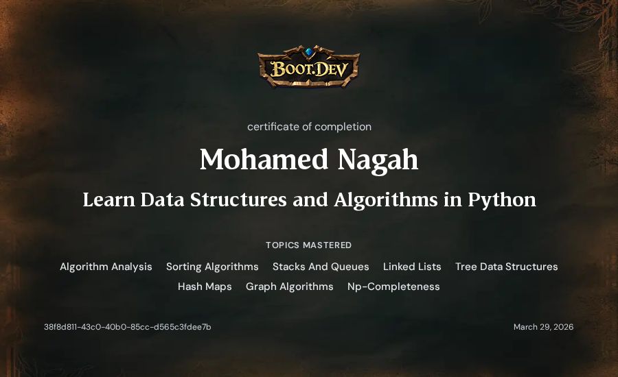 Mohamed Nagah's Boot.dev Learn Data Structures and Algorithms in Python certificate