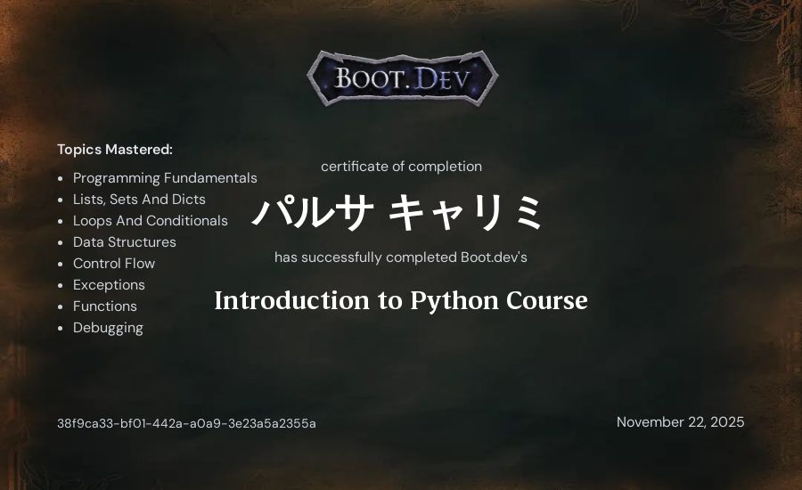 パルサ キャリミ's Boot.dev Introduction to Python Course certificate