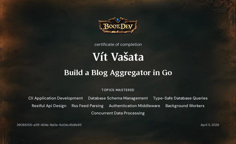 Vít Vašata's Boot.dev Build a Blog Aggregator in Go certificate