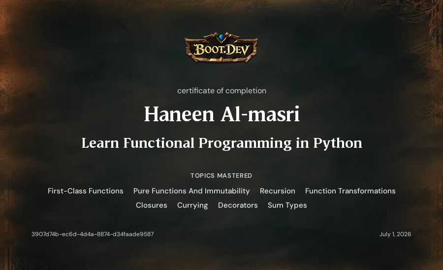 Haneen Al-masri's Boot.dev Learn Functional Programming in Python certificate