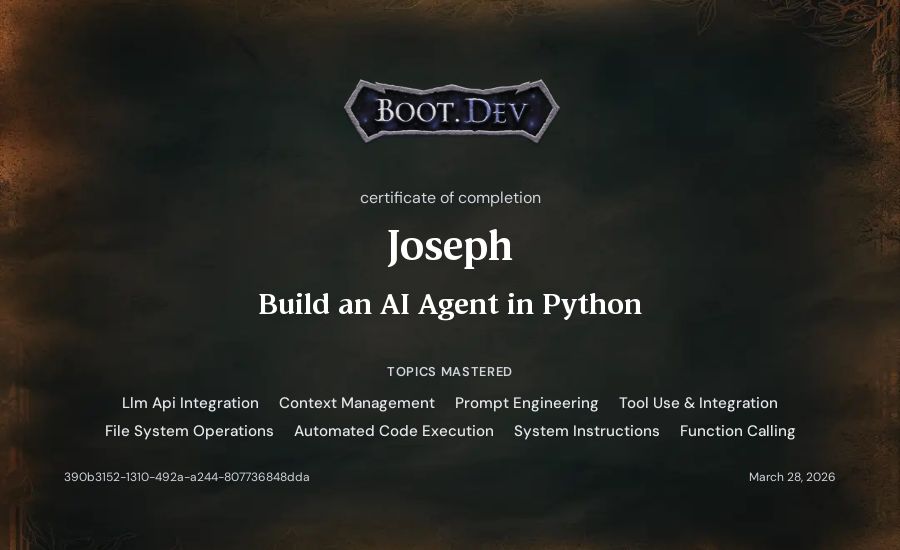 Yuuryuu's Boot.dev Build an AI Agent in Python certificate