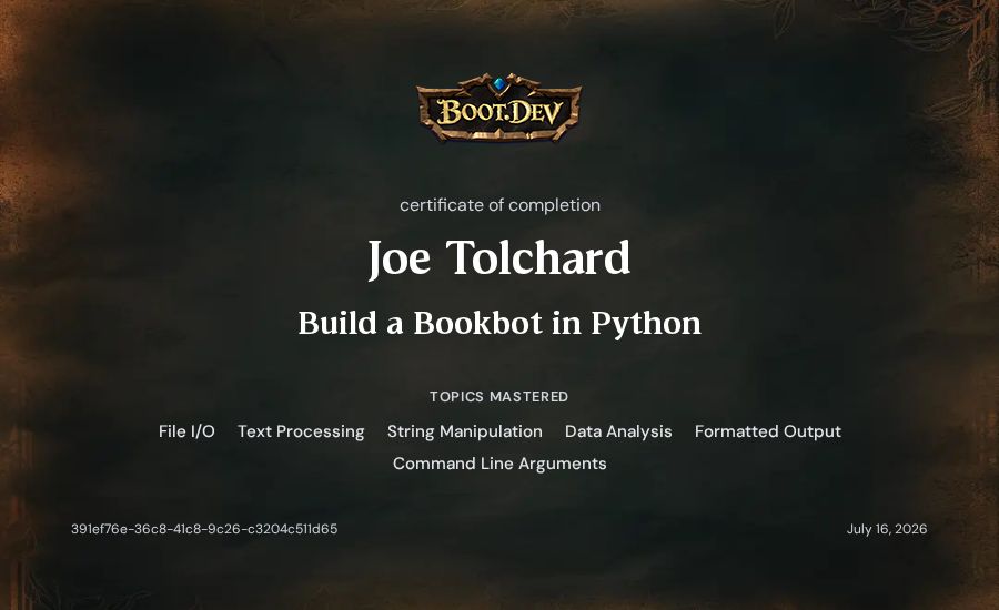 Joe Tolchard's Boot.dev Build a BookBot in Python certificate